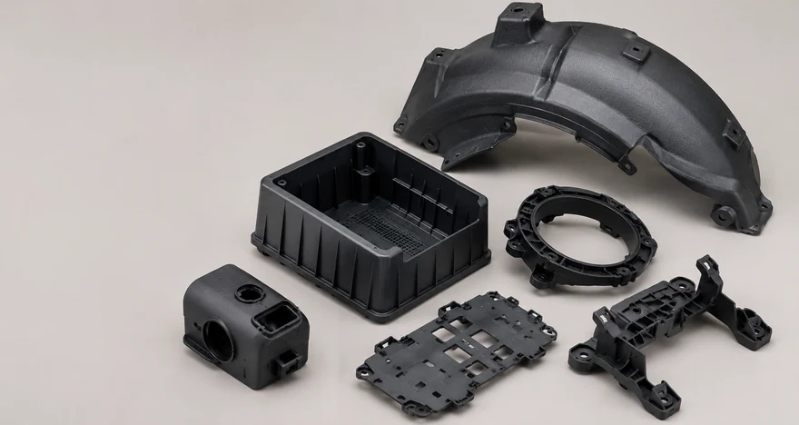 Injection moulded plastic components — wheel arch liner, enclosure, housings and brackets