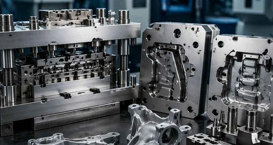 Progressive stamping die and formed components