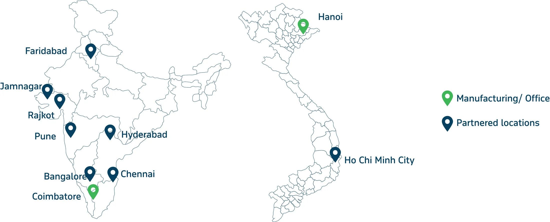 Marcus locations: manufacturing in Coimbatore and Hanoi, with partner sites across India and Vietnam.