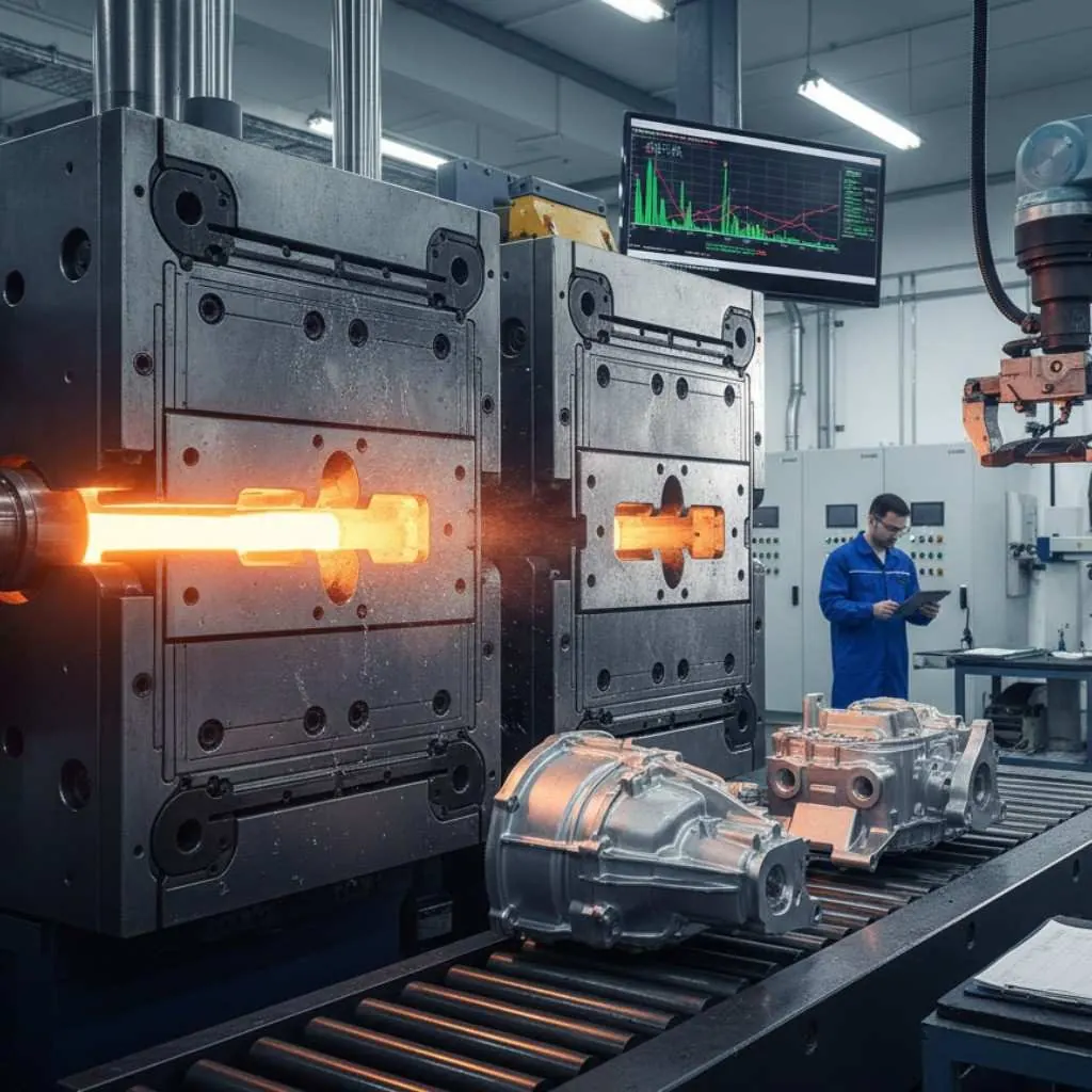 The die opens on a completed shot, the casting still glowing