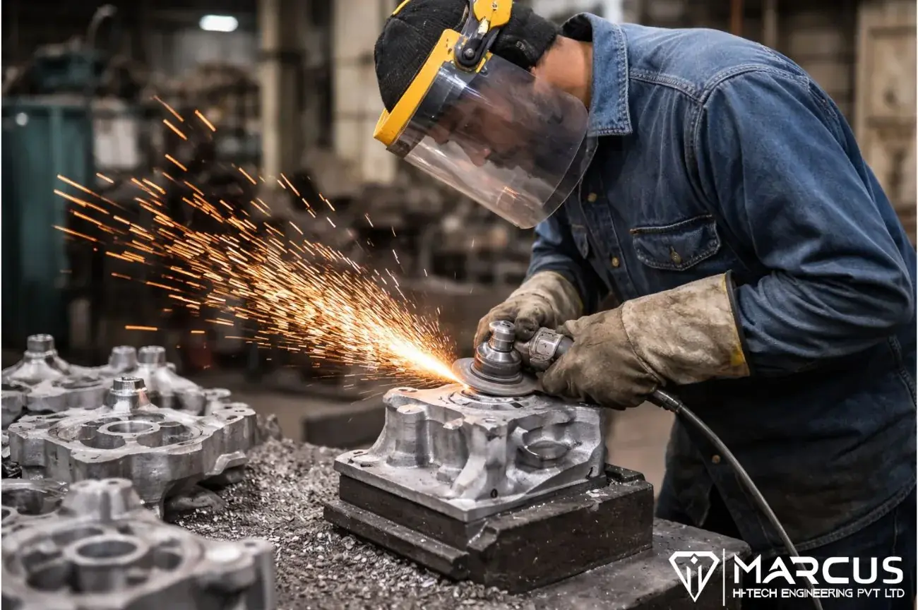 An operator grinding a metal casting clamped in a fixture, sparks flying, with more castings on the bench beside him